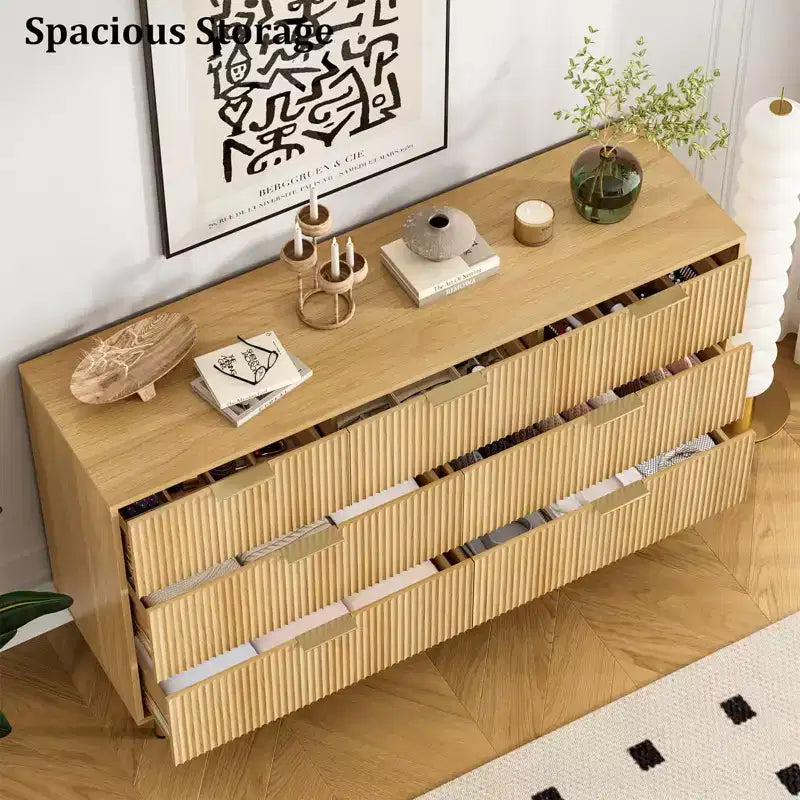 Cómoda de 7 cajones para dormitorio, cómoda de madera de 47 pulgadas de ancho con tiradores de metal, cómoda acanalada con almacenamiento, mueble de TV para sala de estar