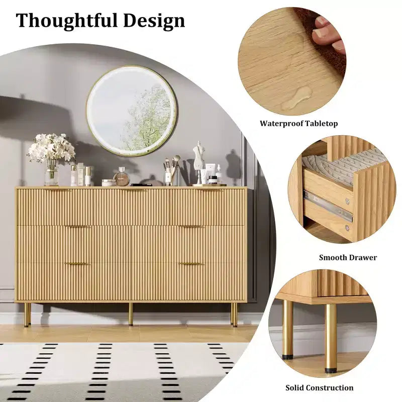Cómoda de 7 cajones para dormitorio, cómoda de madera de 47 pulgadas de ancho con tiradores de metal, cómoda acanalada con almacenamiento, mueble de TV para sala de estar