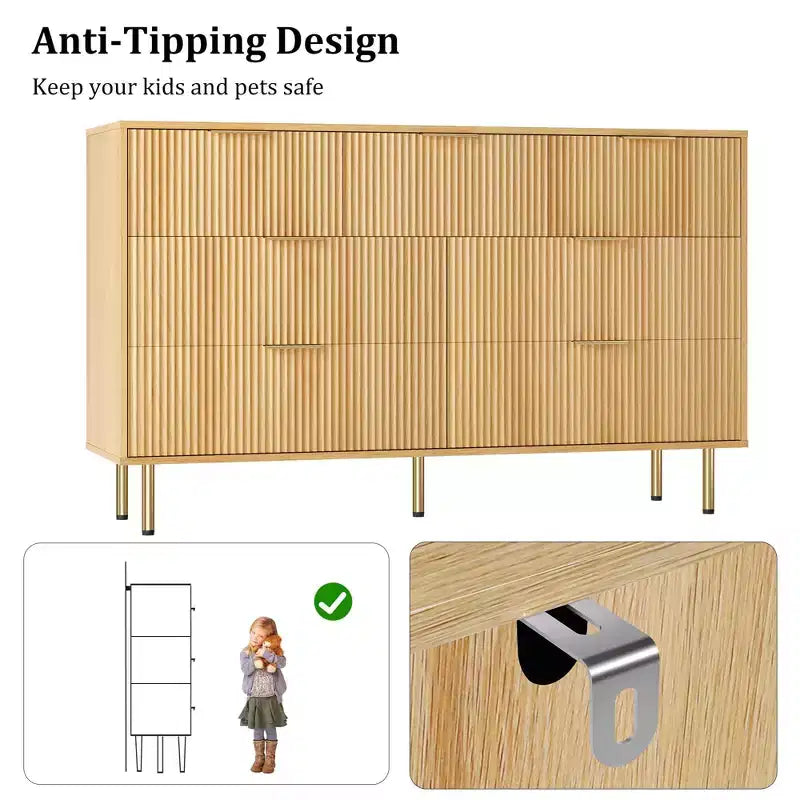 Cómoda de 7 cajones para dormitorio, cómoda de madera de 47 pulgadas de ancho con tiradores de metal, cómoda acanalada con almacenamiento, mueble de TV para sala de estar