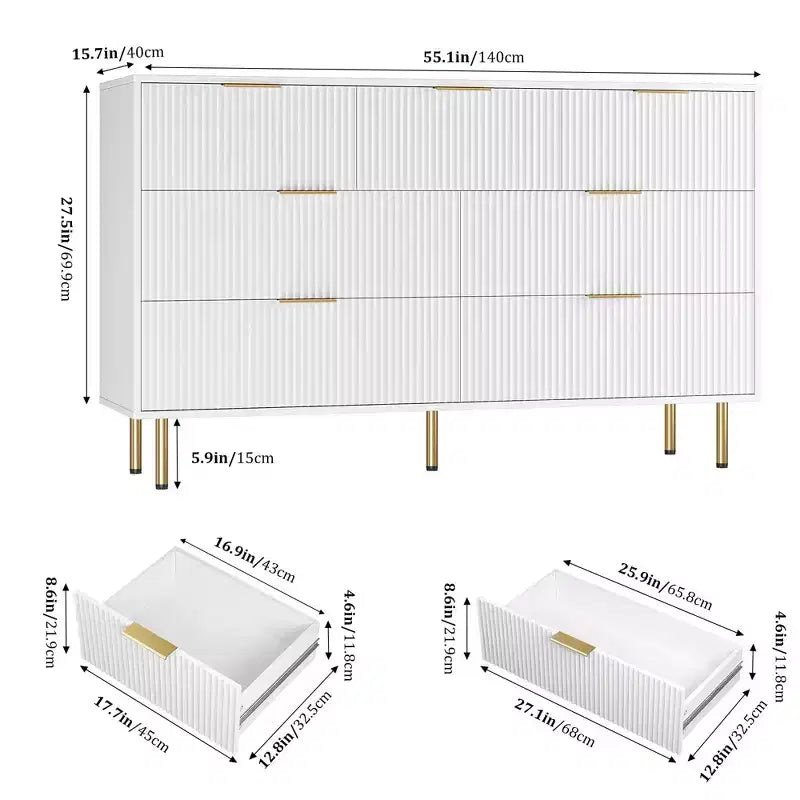 Cómoda de 7 cajones para dormitorio, cómoda de madera de 47 pulgadas de ancho con tiradores de metal, cómoda acanalada con almacenamiento, mueble de TV para sala de estar