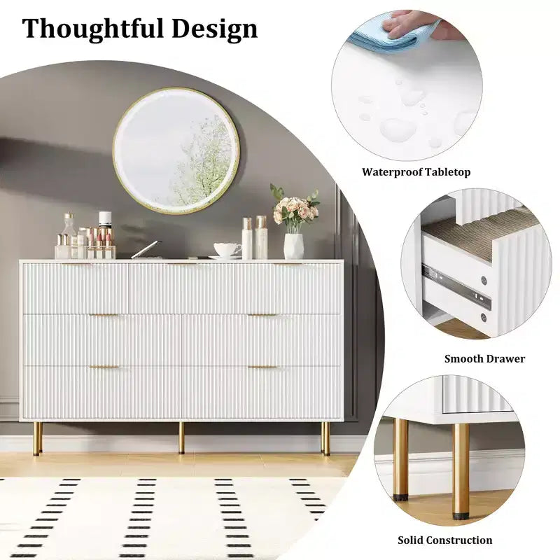 Cómoda de 7 cajones para dormitorio, cómoda de madera de 47 pulgadas de ancho con tiradores de metal, cómoda acanalada con almacenamiento, mueble de TV para sala de estar