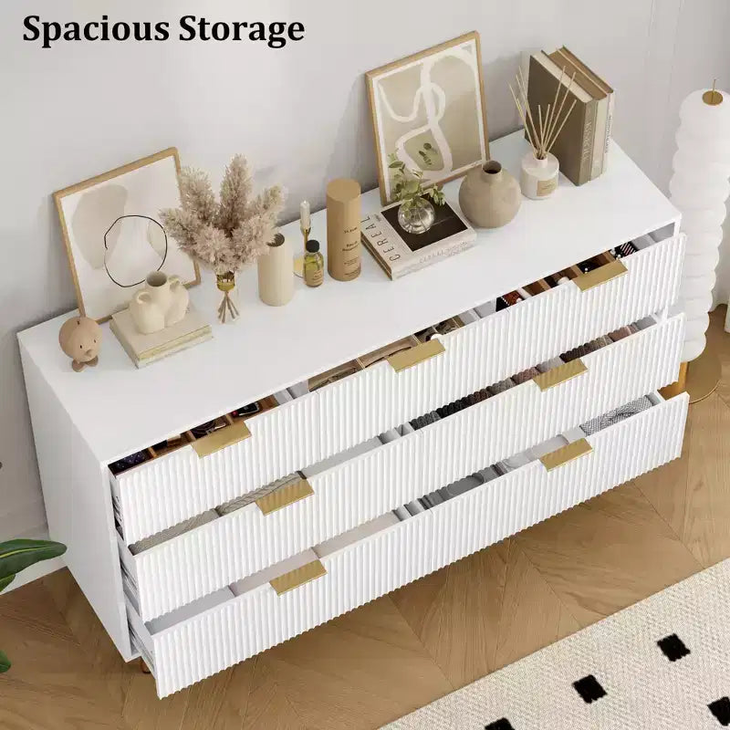 Cómoda de 7 cajones para dormitorio, cómoda de madera de 47 pulgadas de ancho con tiradores de metal, cómoda acanalada con almacenamiento, mueble de TV para sala de estar