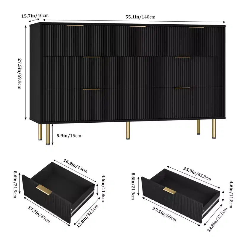 Cómoda de 7 cajones para dormitorio, cómoda de madera de 47 pulgadas de ancho con tiradores de metal, cómoda acanalada con almacenamiento, mueble de TV para sala de estar