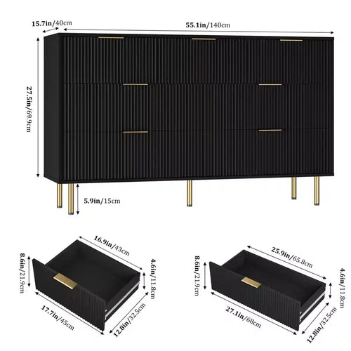 Cómoda de 7 cajones para dormitorio, cómoda de madera de 47 pulgadas de ancho con tiradores de metal, cómoda acanalada con almacenamiento, mueble de TV para sala de estar
