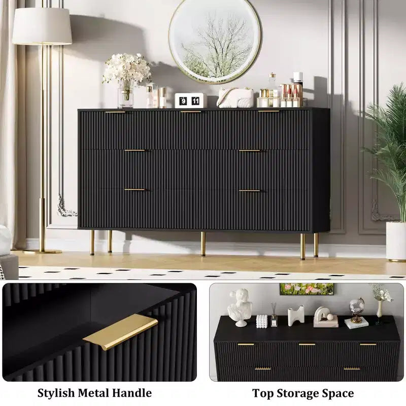 Cómoda de 7 cajones para dormitorio, cómoda de madera de 47 pulgadas de ancho con tiradores de metal, cómoda acanalada con almacenamiento, mueble de TV para sala de estar