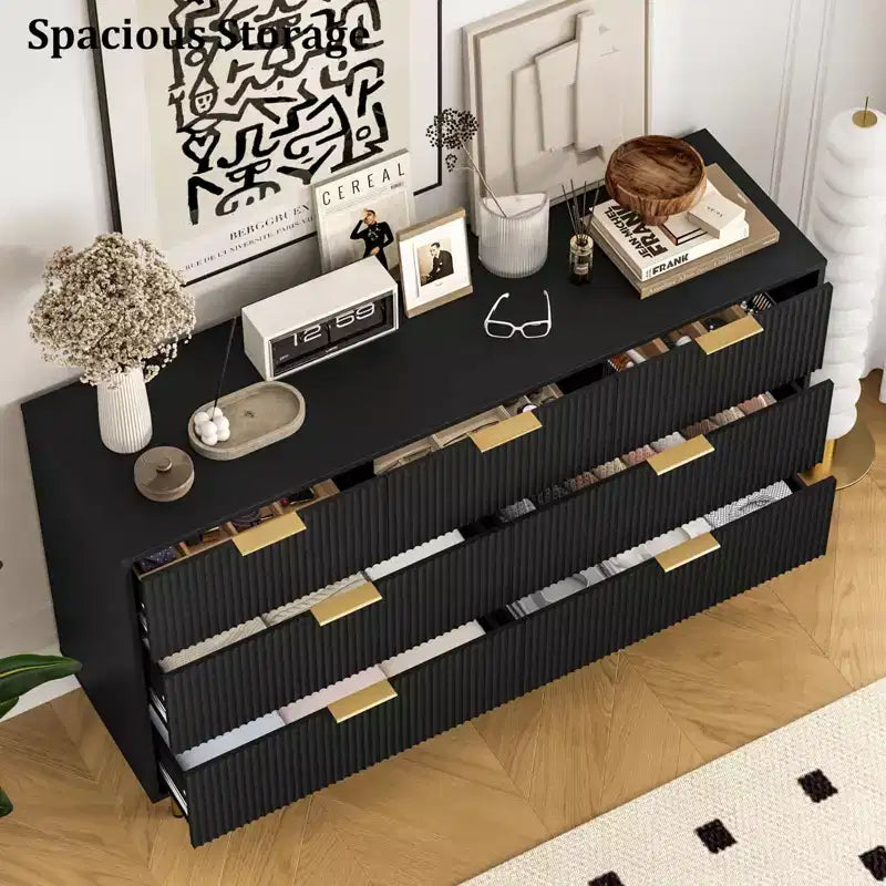 Cómoda de 7 cajones para dormitorio, cómoda de madera de 47 pulgadas de ancho con tiradores de metal, cómoda acanalada con almacenamiento, mueble de TV para sala de estar