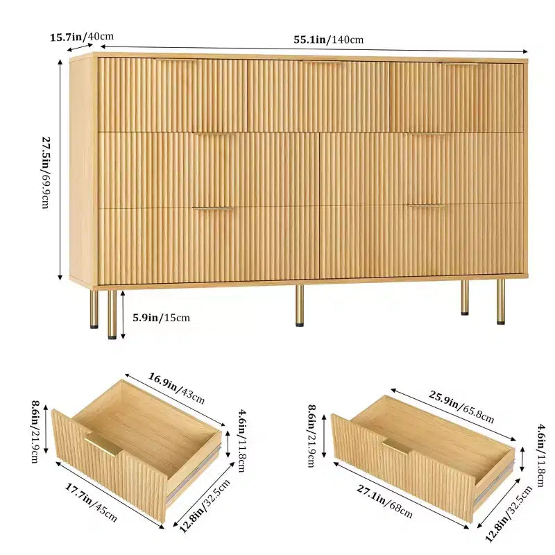 Cómoda de 7 cajones para dormitorio, cómoda de madera de 47 pulgadas de ancho con tiradores de metal, cómoda acanalada con almacenamiento, mueble de TV para sala de estar