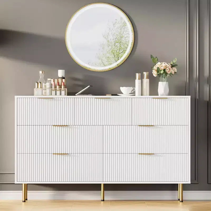 Cómoda de 7 cajones para dormitorio, cómoda de madera de 47 pulgadas de ancho con tiradores de metal, cómoda acanalada con almacenamiento, mueble de TV para sala de estar