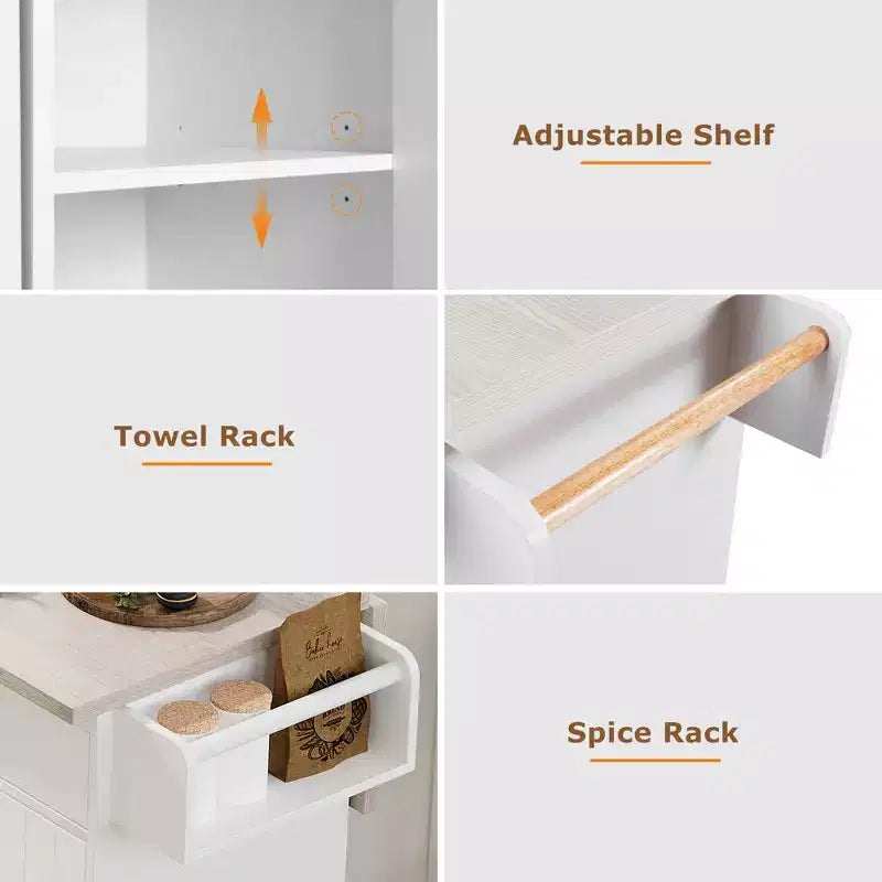 Isla de cocina con almacenamiento para bote de basura, solapa abatible, especiero, estante ajustable, carrito de cocina rodante