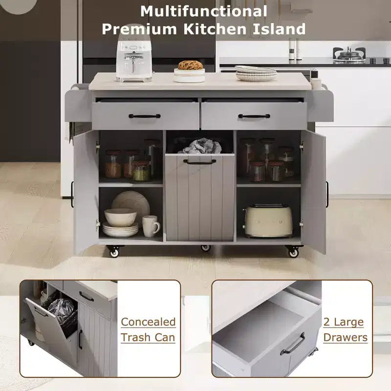 Isla de cocina con almacenamiento para bote de basura, solapa abatible, especiero, estante ajustable, carrito de cocina rodante