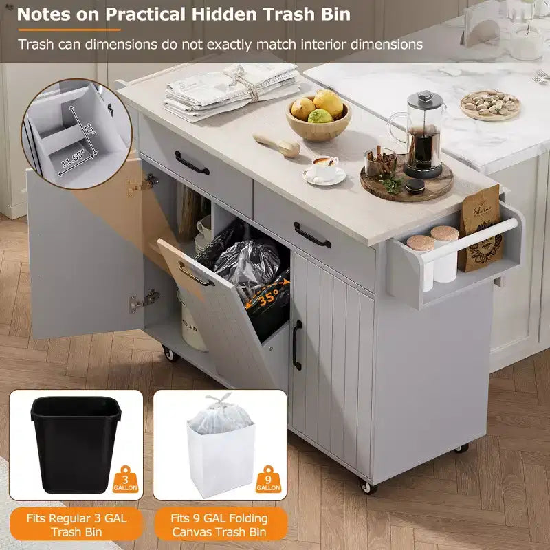 Isla de cocina con almacenamiento para bote de basura, solapa abatible, especiero, estante ajustable, carrito de cocina rodante