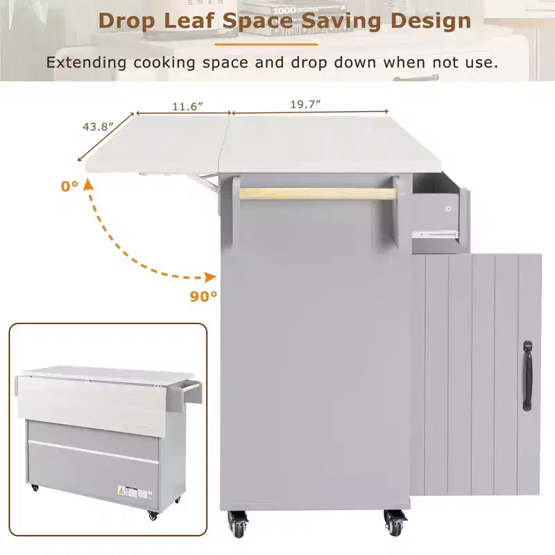 Isla de cocina con almacenamiento para bote de basura, solapa abatible, especiero, estante ajustable, carrito de cocina rodante