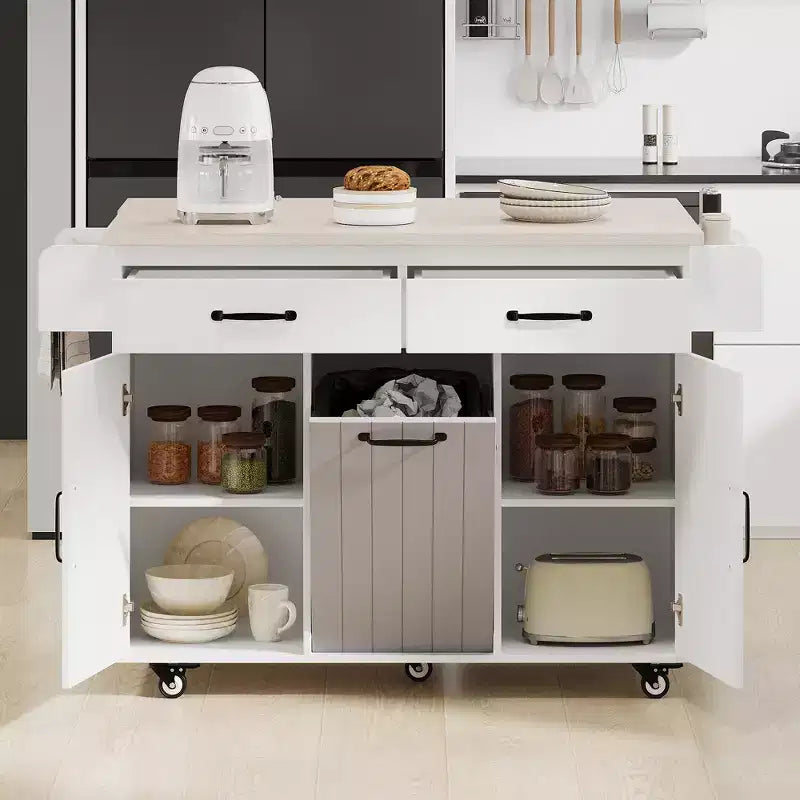 Isla de cocina con almacenamiento para bote de basura, solapa abatible, especiero, estante ajustable, carrito de cocina rodante