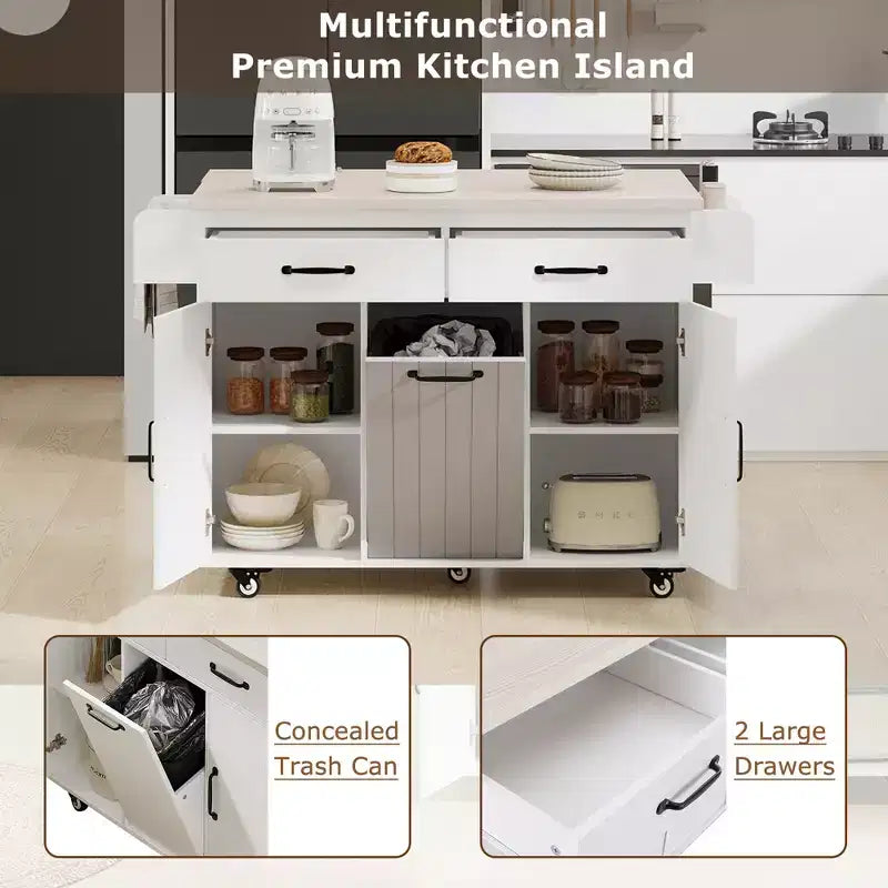 Isla de cocina con almacenamiento para bote de basura, solapa abatible, especiero, estante ajustable, carrito de cocina rodante