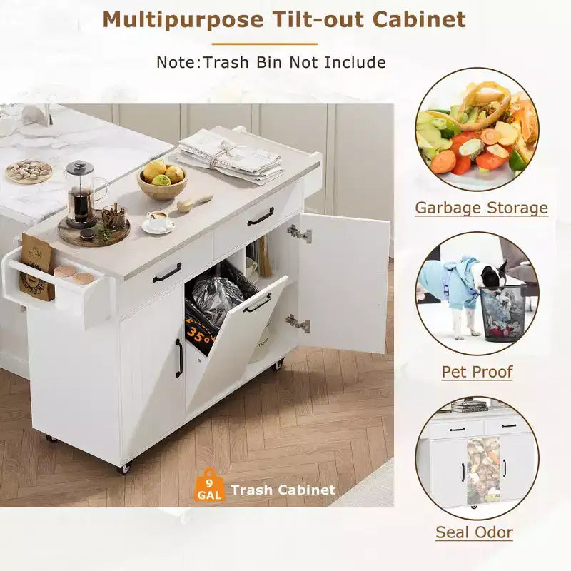 Isla de cocina con almacenamiento para bote de basura, solapa abatible, especiero, estante ajustable, carrito de cocina rodante