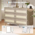 GustoWave Cómoda de ratán de 6 cajones para dormitorio, cómoda doble grande con cajones profundos, cómoda de madera para armario con tapa ancha