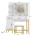 Tocador COZONY con espejo iluminado y estación de carga, tocador de maquillaje con taburete, cajones y armario para dormitorio