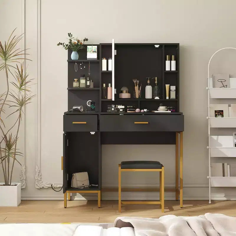 Tocador COZONY con espejo iluminado y estación de carga, tocador de maquillaje con taburete, cajones y armario para dormitorio