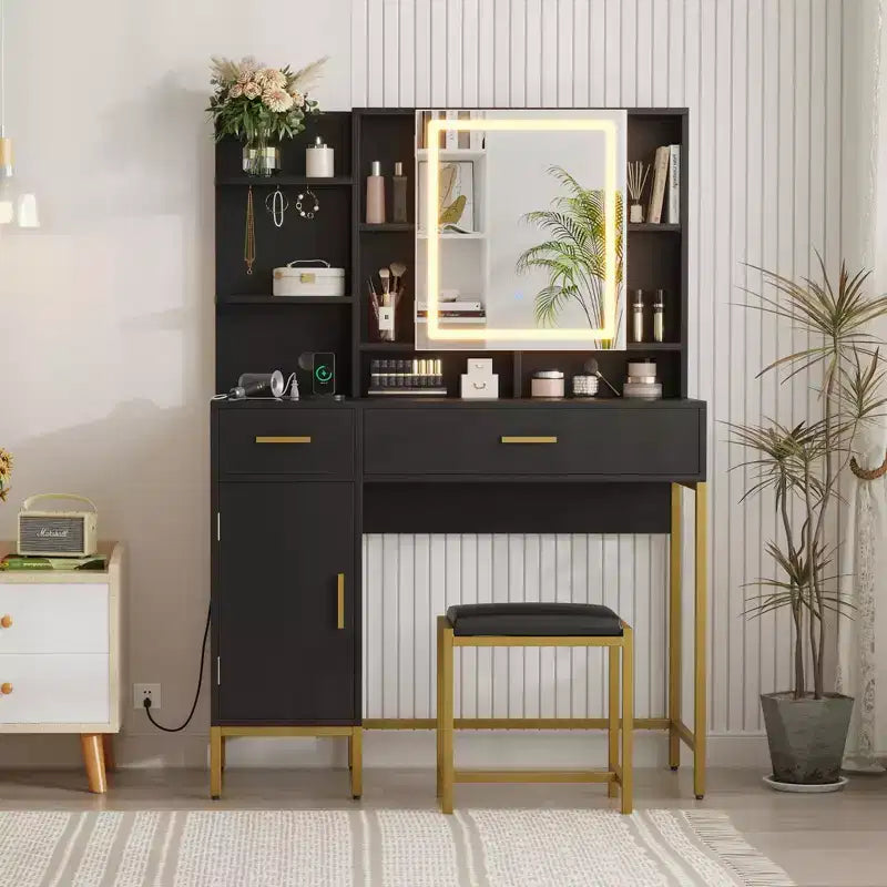 COZONY Vanity Table with Lighted Mirror & Charging Station  Makeup Vanity with Stool, Drawers & Cabinet for Bedroom