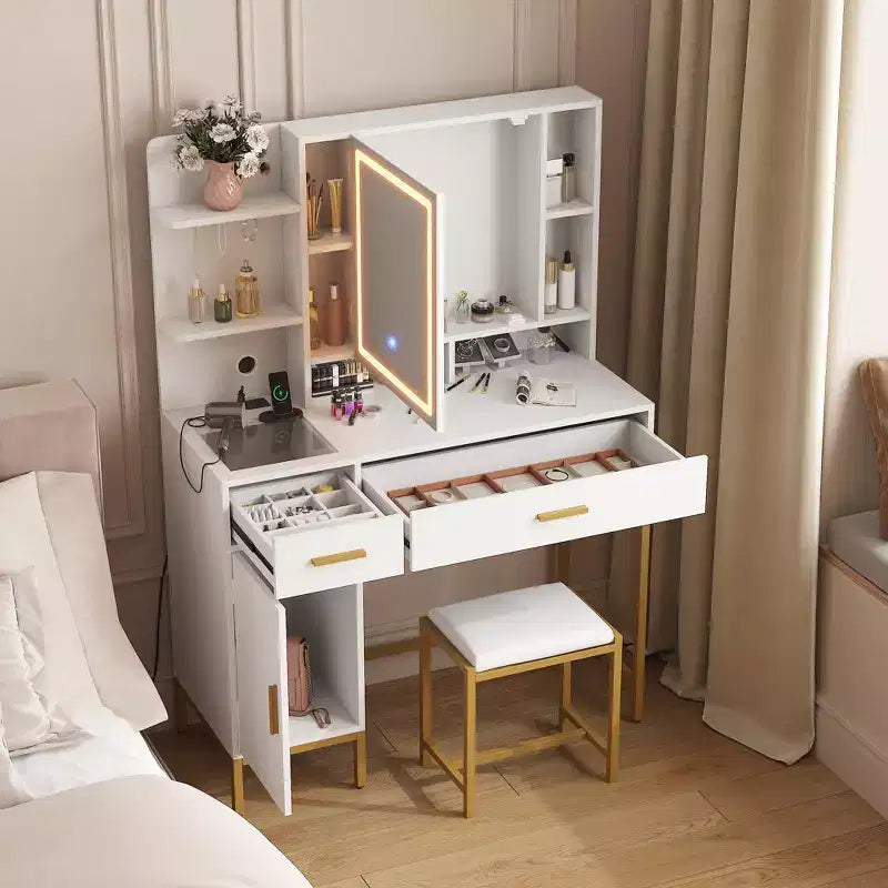 Tocador COZONY con espejo iluminado y estación de carga, tocador de maquillaje con taburete, cajones y armario para dormitorio