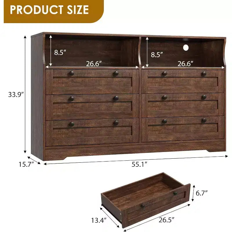 Cómoda de 6 Cajones con LED y Regleta, Cómodas y Cajoneras con Gabinete de Almacenamiento para Dormitorio, Soporte de TV de Madera de 55" de Ancho