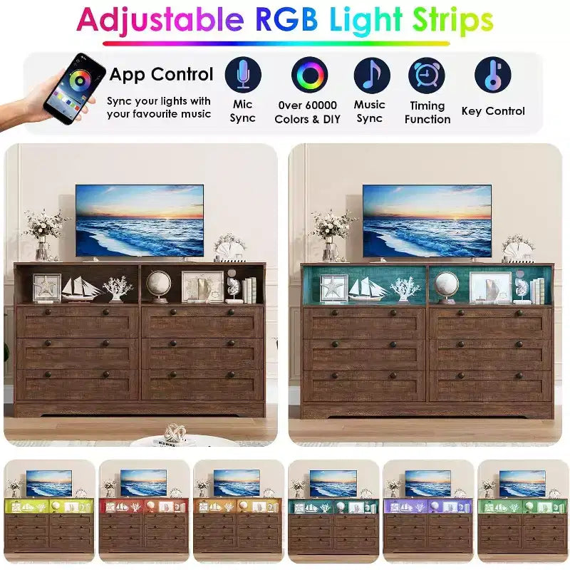Cómoda de 6 Cajones con LED y Regleta, Cómodas y Cajoneras con Gabinete de Almacenamiento para Dormitorio, Soporte de TV de Madera de 55" de Ancho