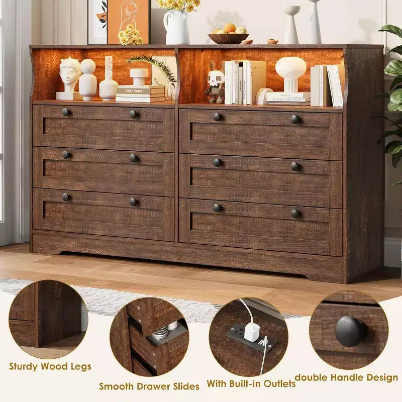 Cómoda de 6 Cajones con LED y Regleta, Cómodas y Cajoneras con Gabinete de Almacenamiento para Dormitorio, Soporte de TV de Madera de 55" de Ancho