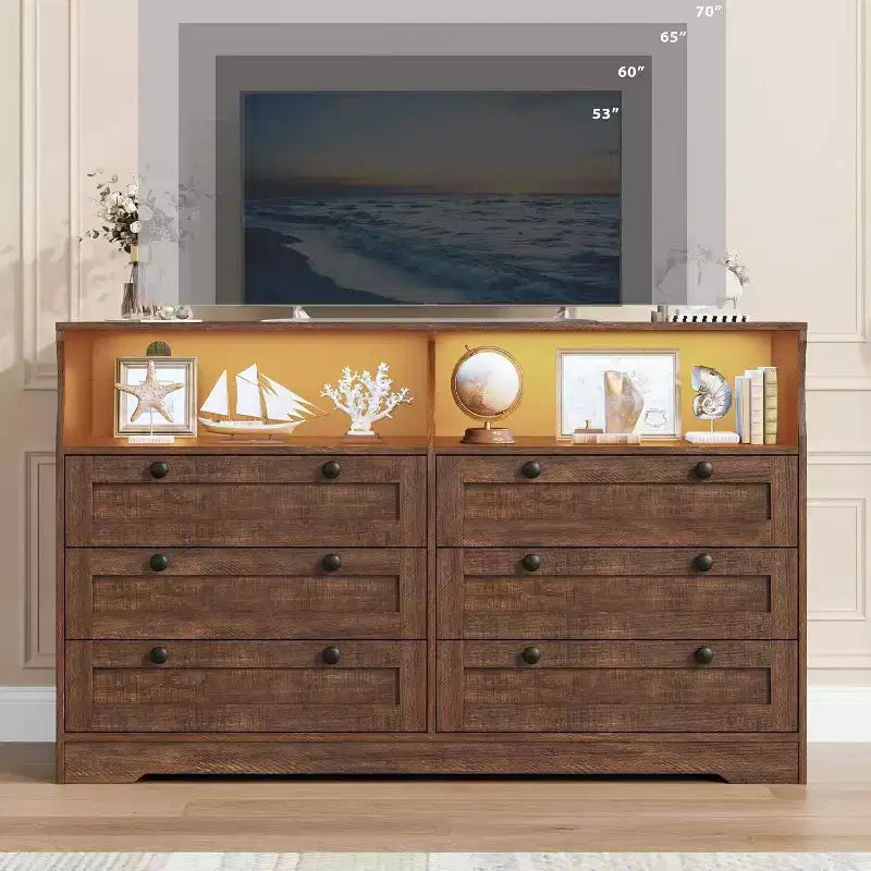 Cómoda de 6 Cajones con LED y Regleta, Cómodas y Cajoneras con Gabinete de Almacenamiento para Dormitorio, Soporte de TV de Madera de 55" de Ancho