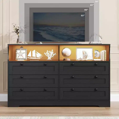 Cómoda de 6 Cajones con LED y Regleta, Cómodas y Cajoneras con Gabinete de Almacenamiento para Dormitorio, Soporte de TV de Madera de 55" de Ancho