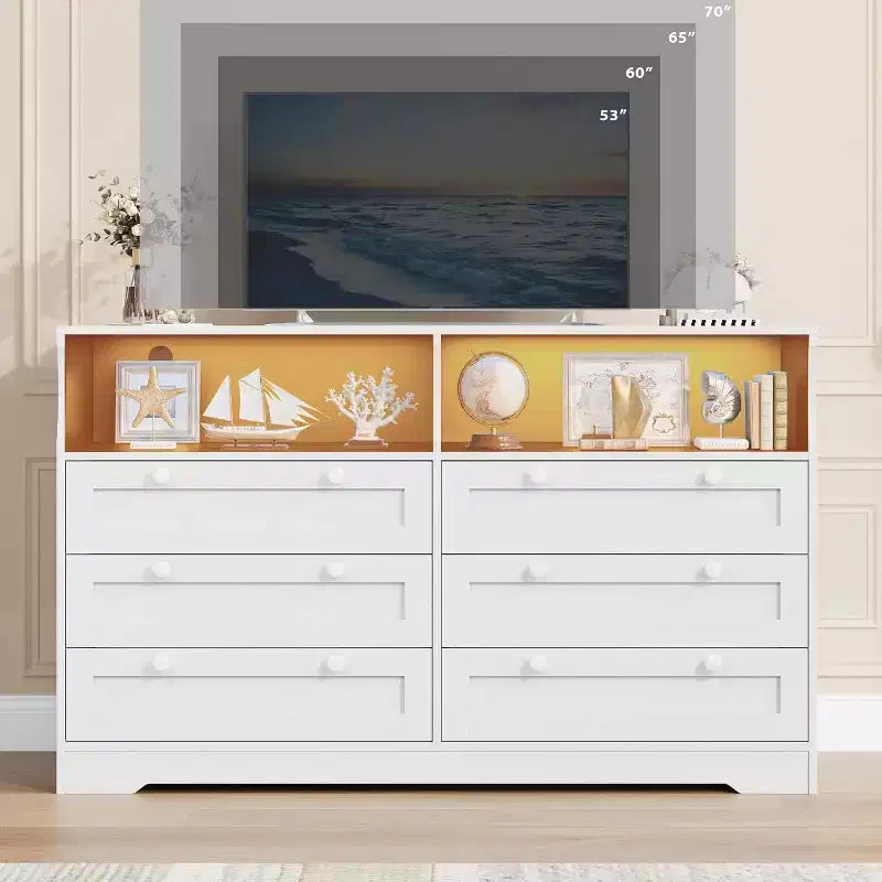 Cómoda de 6 Cajones con LED y Regleta, Cómodas y Cajoneras con Gabinete de Almacenamiento para Dormitorio, Soporte de TV de Madera de 55" de Ancho