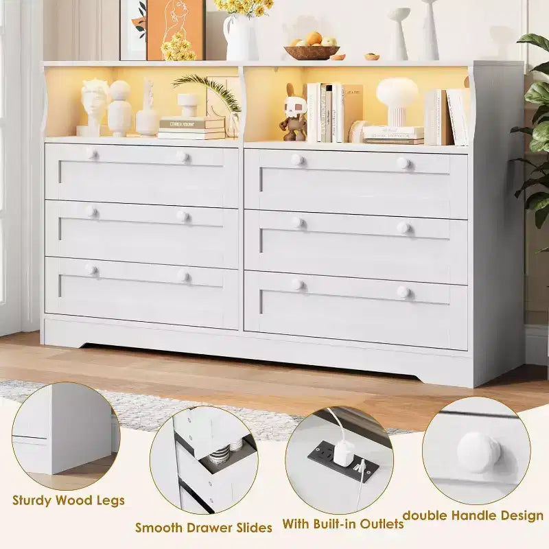 Cómoda de 6 Cajones con LED y Regleta, Cómodas y Cajoneras con Gabinete de Almacenamiento para Dormitorio, Soporte de TV de Madera de 55" de Ancho