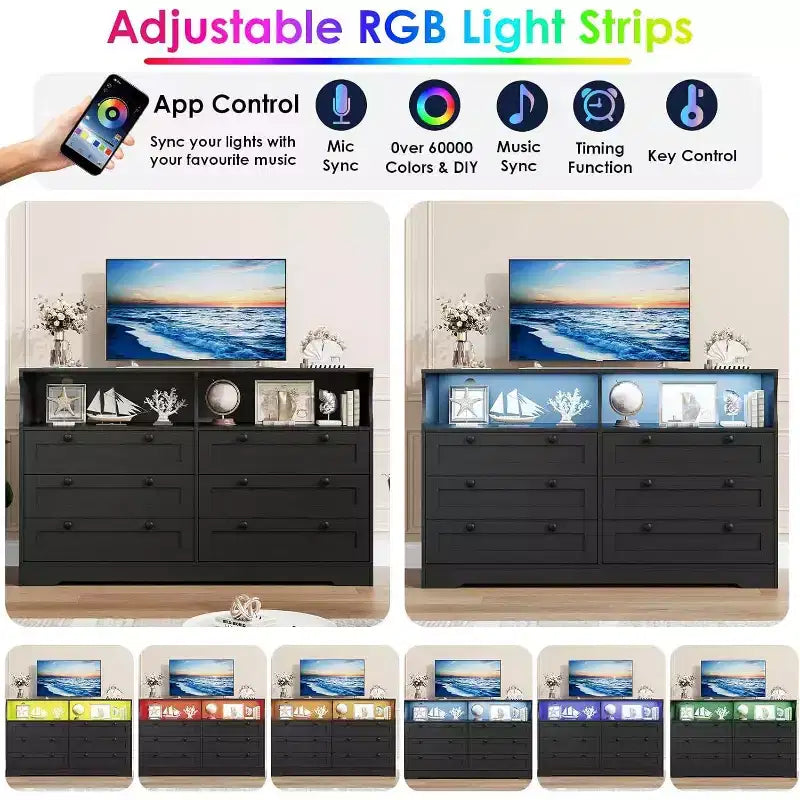Cómoda de 6 Cajones con LED y Regleta, Cómodas y Cajoneras con Gabinete de Almacenamiento para Dormitorio, Soporte de TV de Madera de 55" de Ancho
