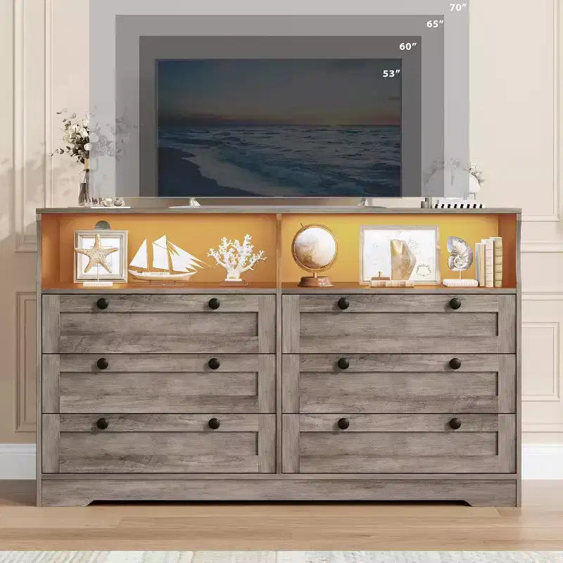 Cómoda de 6 Cajones con LED y Regleta, Cómodas y Cajoneras con Gabinete de Almacenamiento para Dormitorio, Soporte de TV de Madera de 55" de Ancho