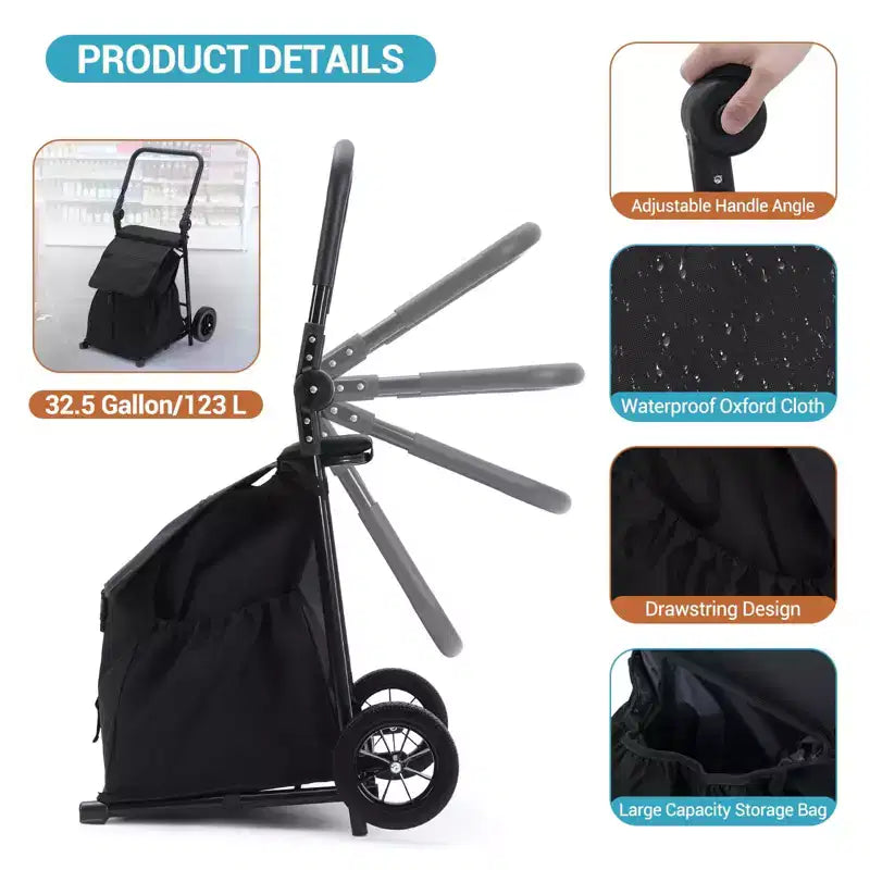 Carro de mano plegable 2 en 1, carro utilitario plegable, carro de compras plegable de servicio pesado con una bolsa impermeable extraíble