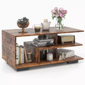 Costway Coffee Table w/ L-shaped Middle Shelf for Living Room Rustic Brown