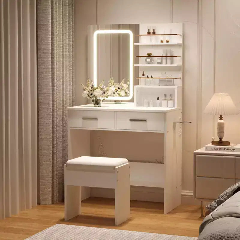 Tocador de Maquillaje con Espejo y Luces, Escritorio de Maquillaje de 31W con 2 Cajones y Estantes de Almacenamiento Abiertos, Mesa de Maquillaje con Brillo Ajustable