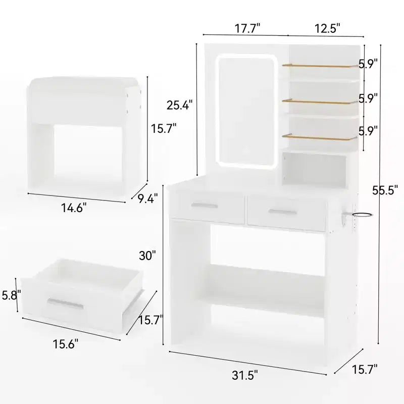 Tocador de Maquillaje con Espejo y Luces, Escritorio de Maquillaje de 31W con 2 Cajones y Estantes de Almacenamiento Abiertos, Mesa de Maquillaje con Brillo Ajustable