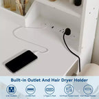 Tocador de Maquillaje con Espejo y Luces, Escritorio de Maquillaje de 31W con 2 Cajones y Estantes de Almacenamiento Abiertos, Mesa de Maquillaje con Brillo Ajustable