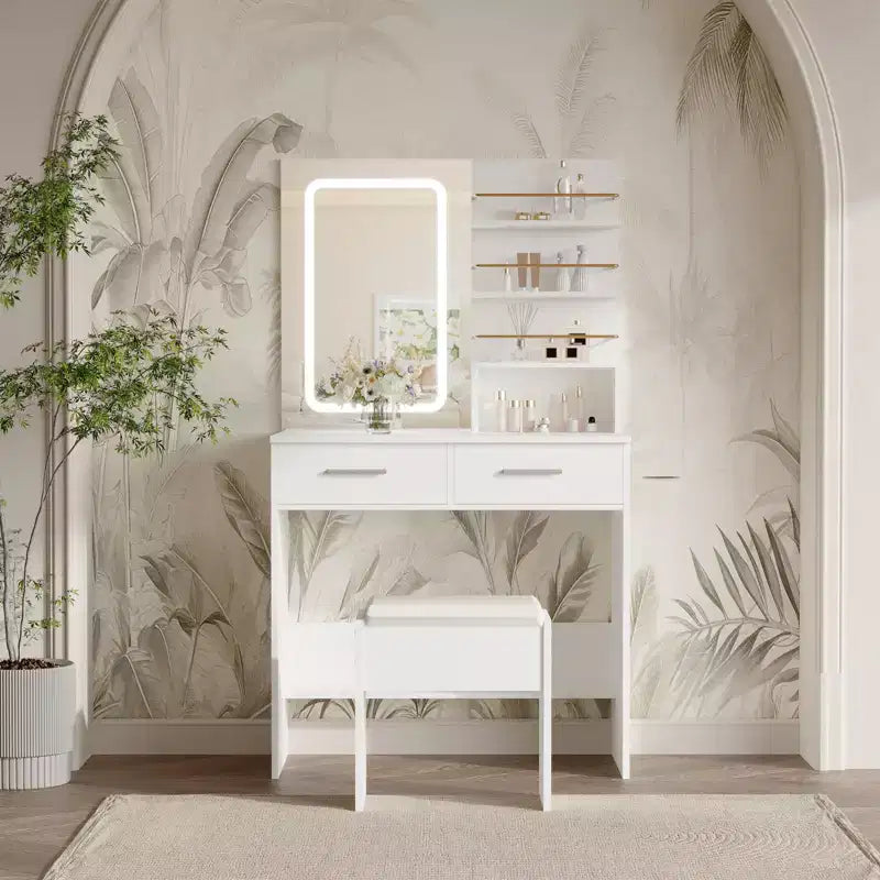 Tocador de Maquillaje con Espejo y Luces, Escritorio de Maquillaje de 31W con 2 Cajones y Estantes de Almacenamiento Abiertos, Mesa de Maquillaje con Brillo Ajustable