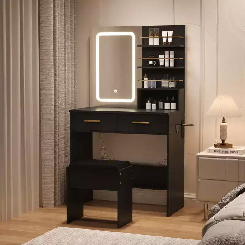 Tocador de Maquillaje con Espejo y Luces, Escritorio de Maquillaje de 31W con 2 Cajones y Estantes de Almacenamiento Abiertos, Mesa de Maquillaje con Brillo Ajustable