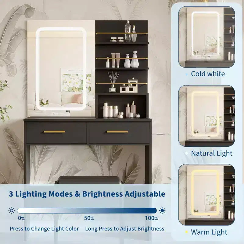 Tocador de Maquillaje con Espejo y Luces, Escritorio de Maquillaje de 31W con 2 Cajones y Estantes de Almacenamiento Abiertos, Mesa de Maquillaje con Brillo Ajustable