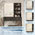 Tocador de Maquillaje con Espejo y Luces, Escritorio de Maquillaje de 31W con 2 Cajones y Estantes de Almacenamiento Abiertos, Mesa de Maquillaje con Brillo Ajustable