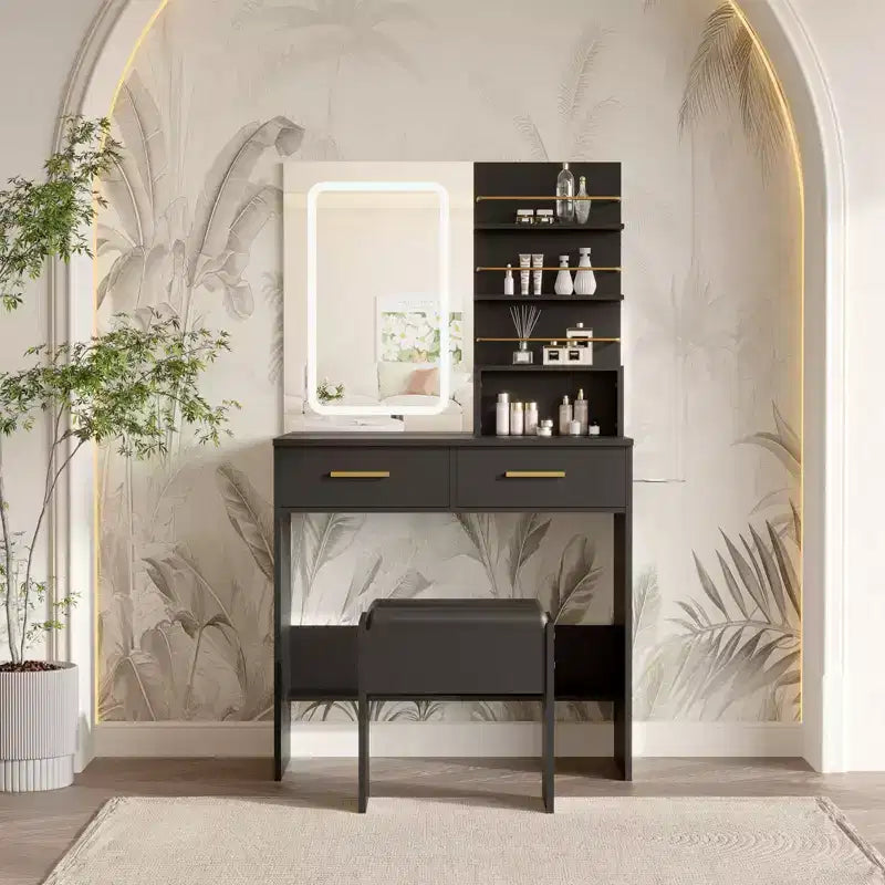 Tocador de Maquillaje con Espejo y Luces, Escritorio de Maquillaje de 31W con 2 Cajones y Estantes de Almacenamiento Abiertos, Mesa de Maquillaje con Brillo Ajustable
