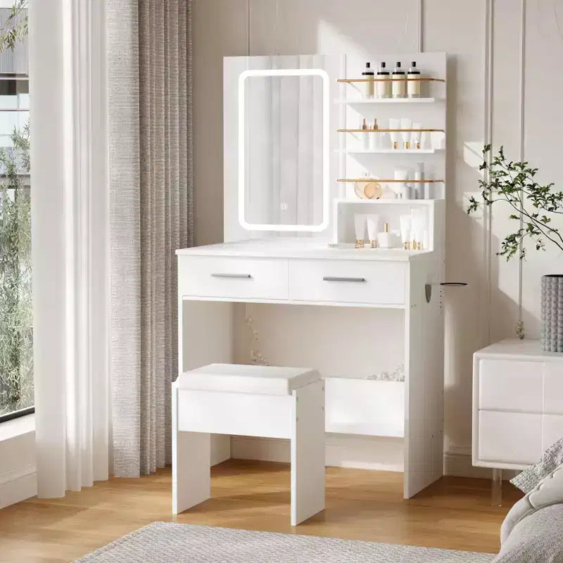 Tocador de Maquillaje con Espejo y Luces, Escritorio de Maquillaje de 31W con 2 Cajones y Estantes de Almacenamiento Abiertos, Mesa de Maquillaje con Brillo Ajustable