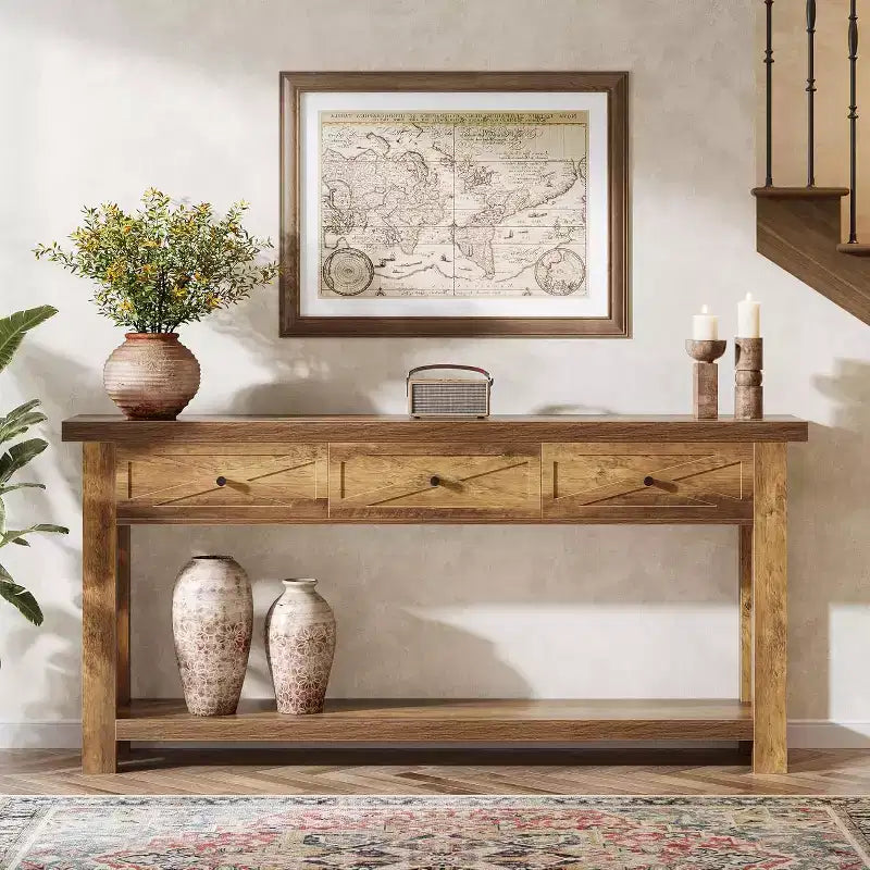 Mesa consola Lantine 70.9 con 3 cajones, mesa de entrada estilo casa de campo con estante de almacenamiento, mesa auxiliar detrás del sofá para pasillo, vestíbulo,