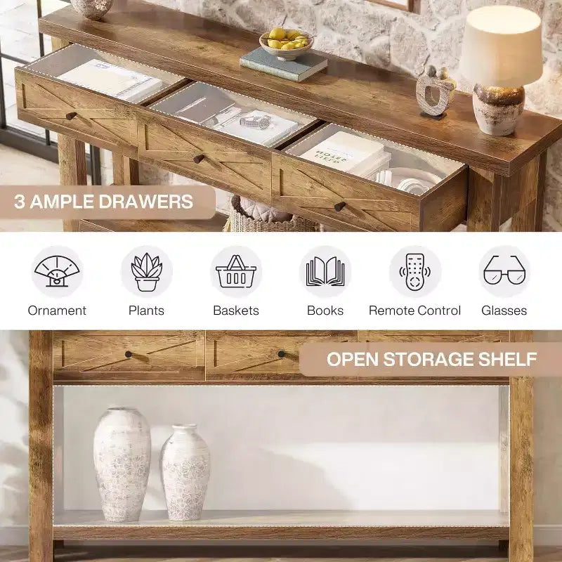 Mesa consola Lantine 70.9 con 3 cajones, mesa de entrada estilo casa de campo con estante de almacenamiento, mesa auxiliar detrás del sofá para pasillo, vestíbulo,