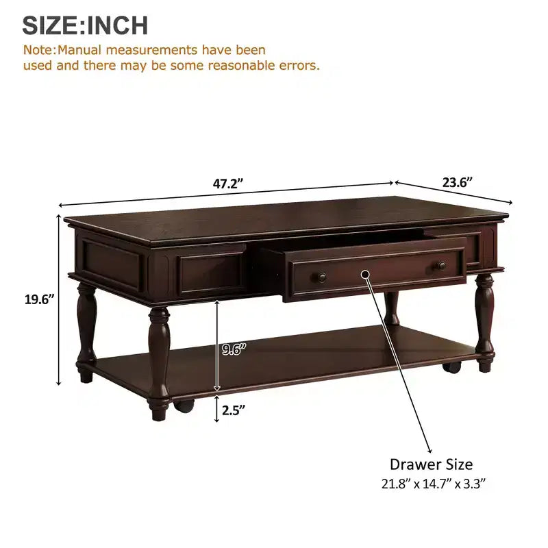 Mesa de centro Luxystar Farmhouse con un cajón, ruedas con freno y patas de madera maciza para sala de estar, Espresso