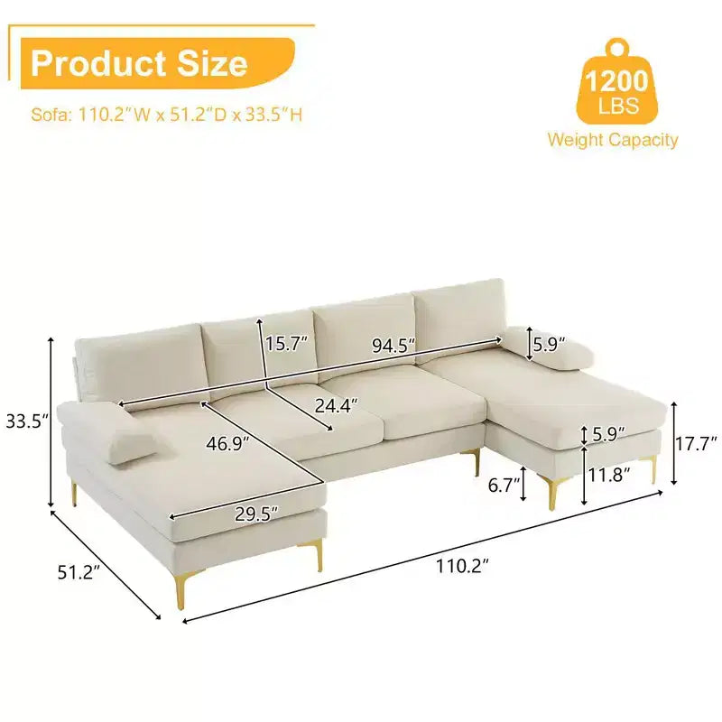 Karl Home | Seccionales en forma de U de 3 piezas de poliéster con apoyabrazos tipo "Pillow Top" de 110 pulgadas de ancho en blanco roto
