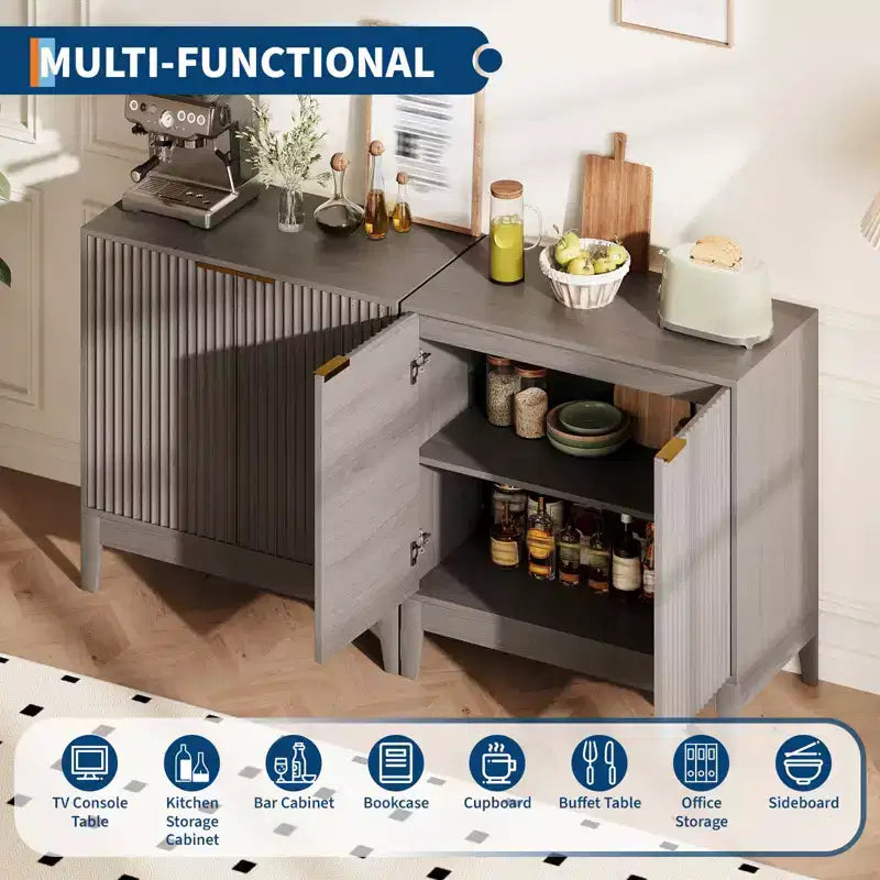 CuisinSmart Gabinete de almacenamiento estriado de 31.5 pulgadas con tiradores dorados, estante ajustable, aparador con acabado en roble, aparador moderno para comedor y cocina