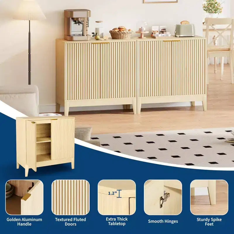 CuisinSmart Gabinete de almacenamiento estriado de 31.5 pulgadas con tiradores dorados, estante ajustable, aparador con acabado en roble, aparador moderno para comedor y cocina